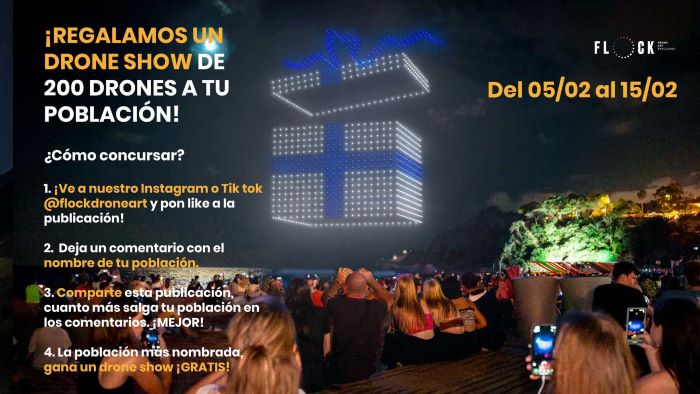 Flock Drone Art sortea un espectáculo de 200 drones para el municipio español que reciba más menciones en redes sociales